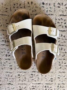 Birkenstock Kids White Double-Buckle Sandals with Gold Buckles